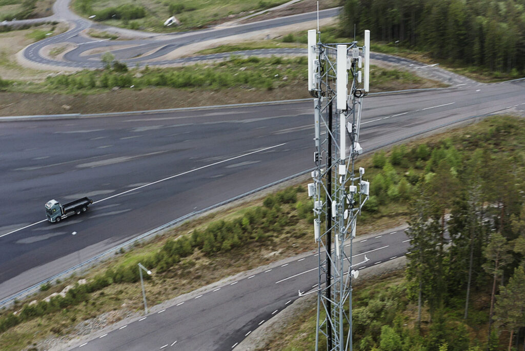 5G mast seen from above at AstaZero's test track in Sweden.